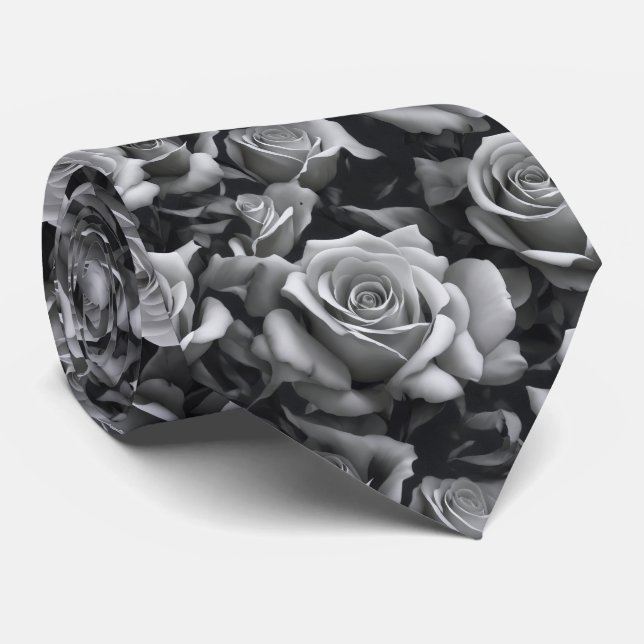 Black & White Rose Neck Tie (Rolled)