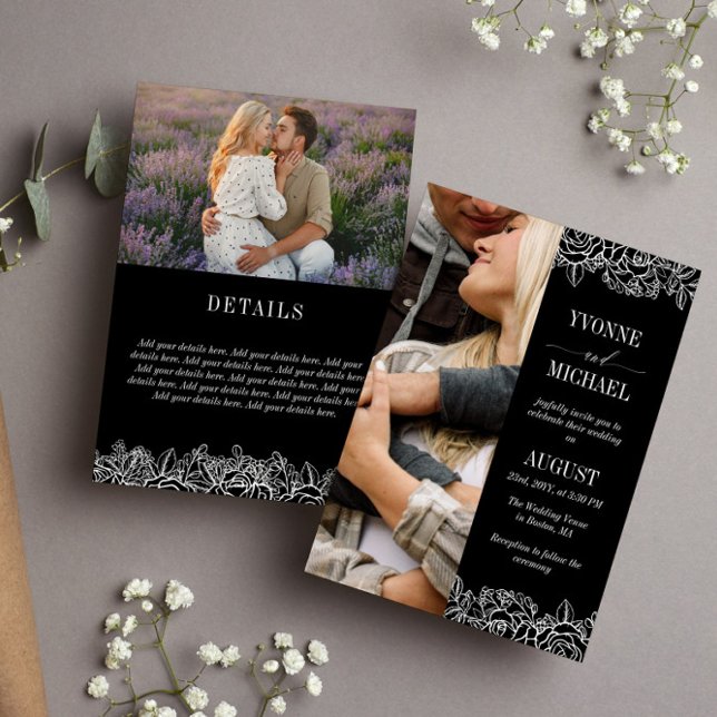 Black White Rose Outlines Double Sided Photo Invitation (Creator Uploaded)