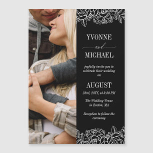 Black White Rose Outlines Photo Wedding Magnetic Invitation