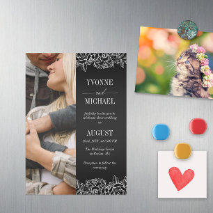 Black White Rose Outlines Photo Wedding Magnetic Invitation