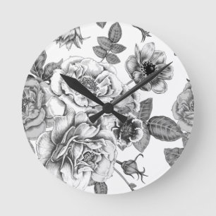 Black & White Rose Pattern Acrylic Wall Clock