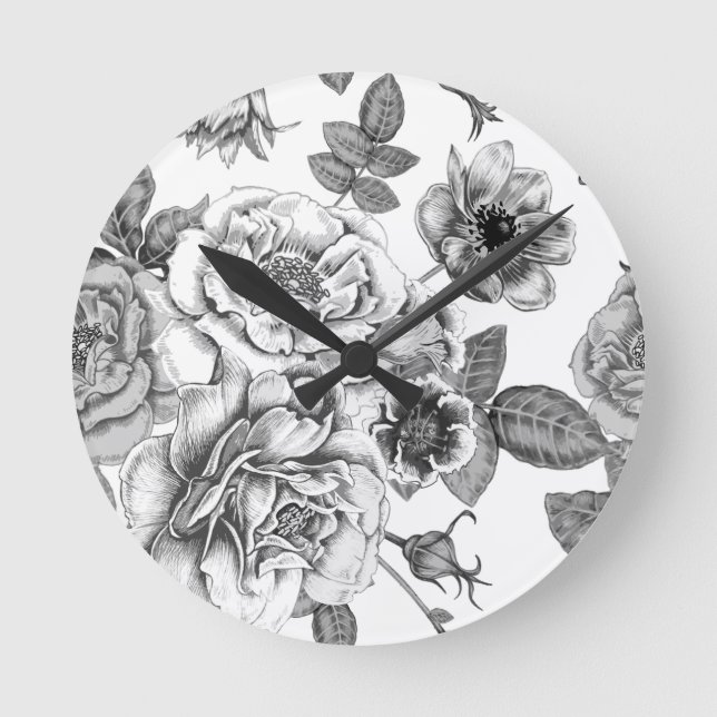Black & White Rose Pattern Acrylic Wall Clock (Front)
