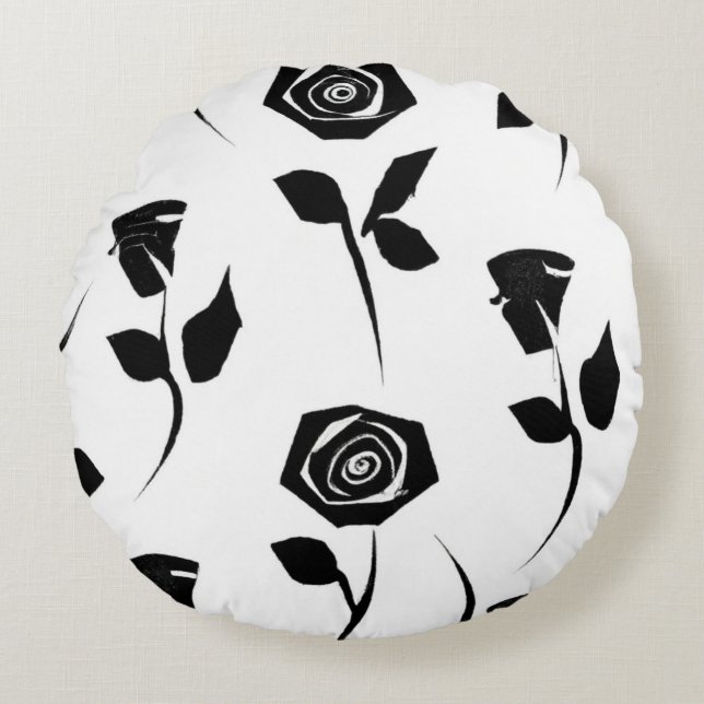 Black & White Rose Pattern Round Cushion (Front)