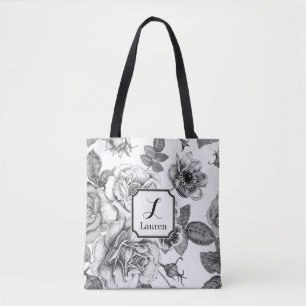 Black & White Rose Pattern Tote Bag