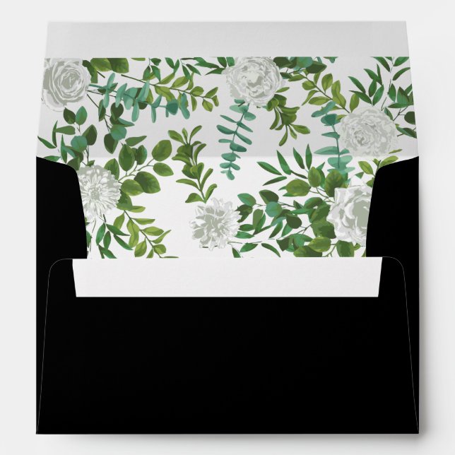 Black White Rose Wedding Elegant Modern Envelope (Back (Bottom))
