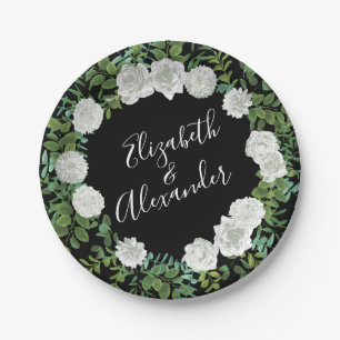 Black White Rose Wedding Elegant Modern Paper Plate