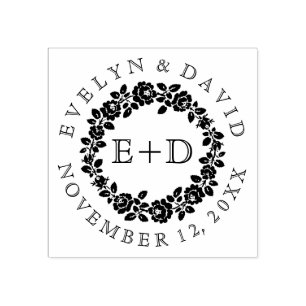 Black white rose wreath vintage monogram wedding rubber stamp