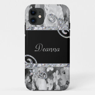 Black & White Roses & Diamond Swirls Monogram iPhone 11 Case