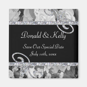 Black & White Roses & Diamond Swirls Wedding Magnet