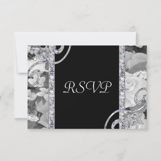 Black & White Roses & Diamond Swirls Wedding RSVP Card (Front)