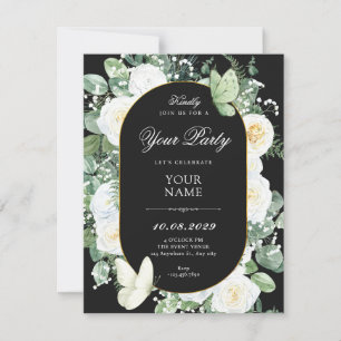 Black White roses floral Invitation