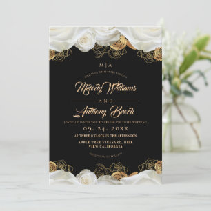 Black & White Roses Floral Modern Wedding Invitation