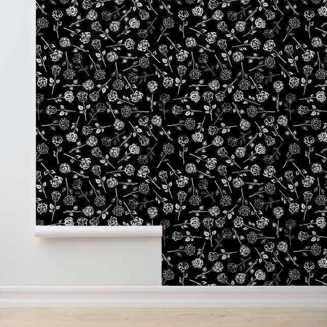 Black White Roses Flowers Pattern Stick n Peel Wallpaper (Application)