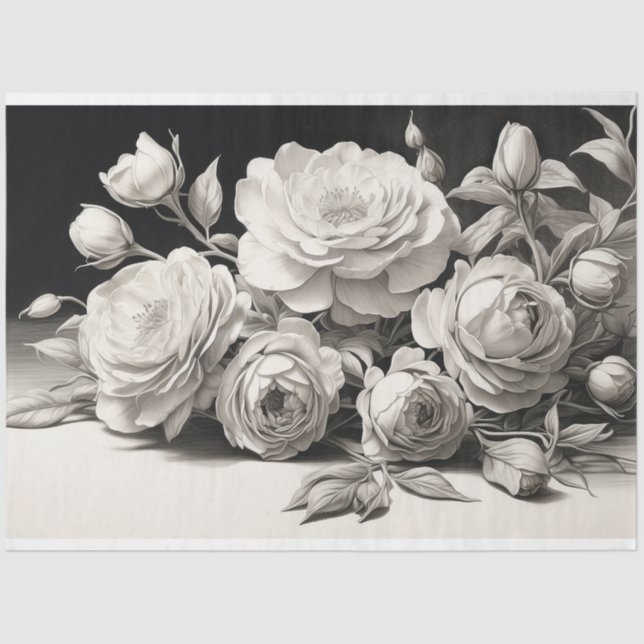 Black & White Roses in Bloom Tissue Paper (Front)