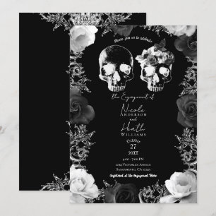 Black White Roses Skeleton Skull Engagement Party  Invitation