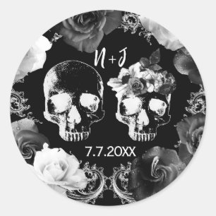 Black White Roses Skeleton Skull Gothic Wedding   Classic Round Sticker