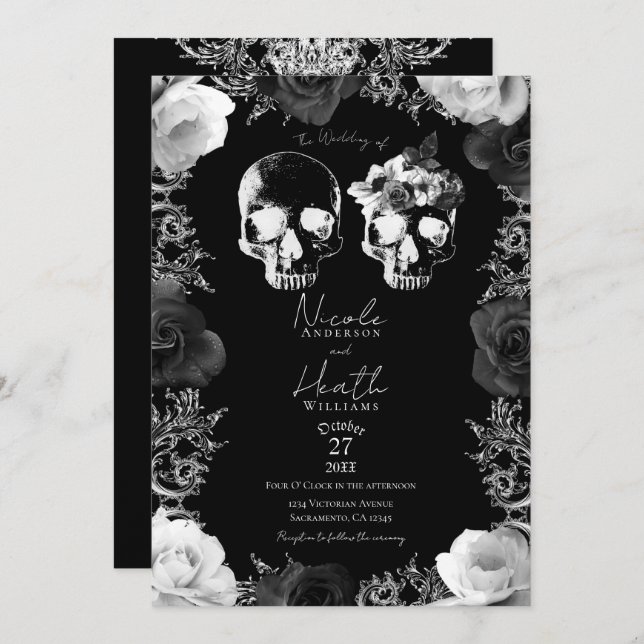 Black White Roses Skeleton Skull Gothic Wedding Invitation (Front/Back)