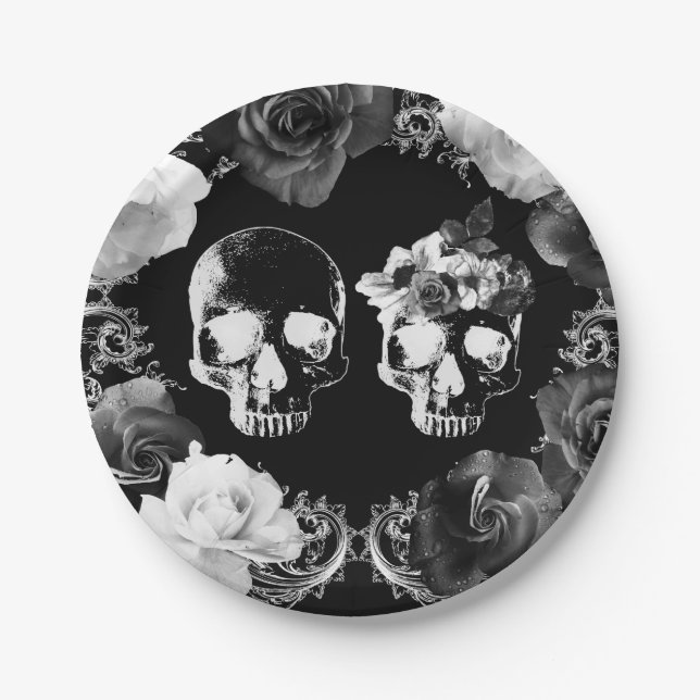 Black White Roses Skeleton Skull Gothic Wedding   Paper Plate (Front)