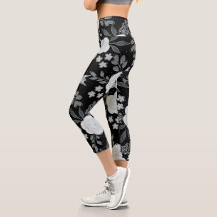 Black White Roses Watercolor Painting Capri Leggings