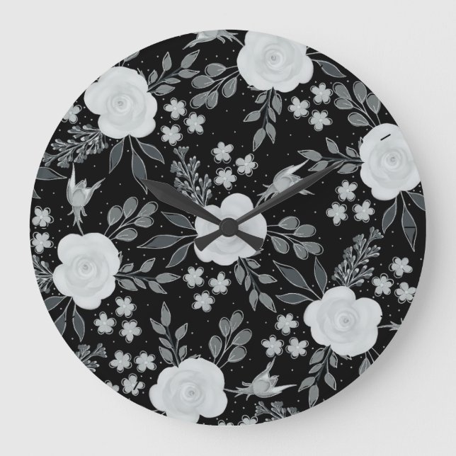 Black White Roses Watercolor Painting Large Clock (Front)