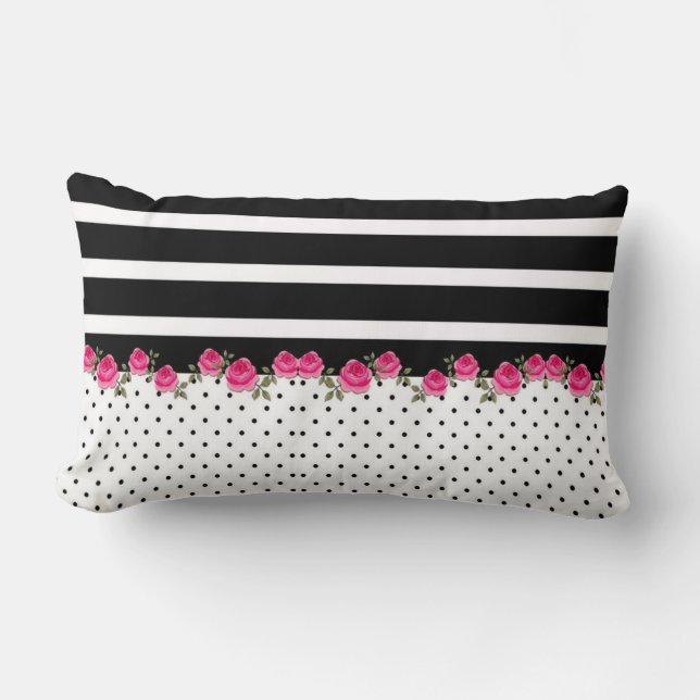 Black white rosy Cotton Lumbar Pillow 13" x 21" (Front)