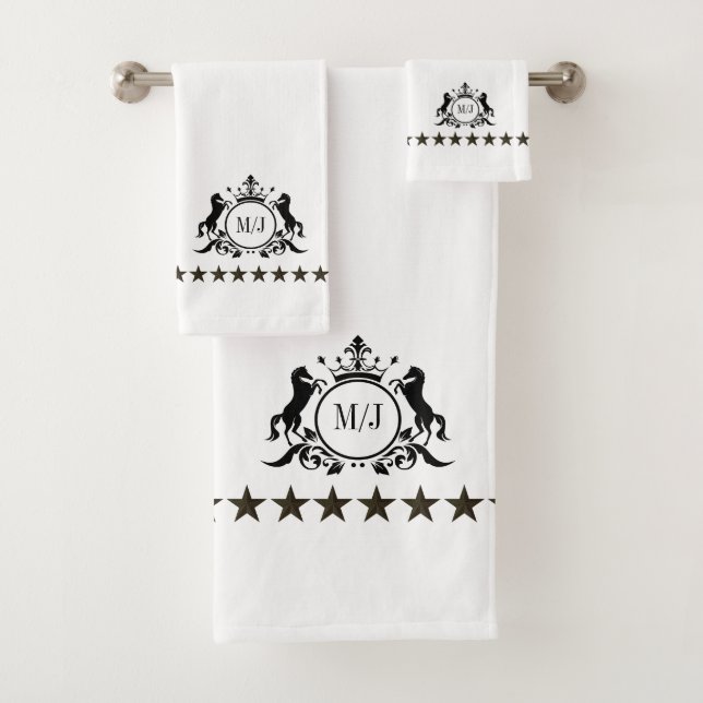 Black White Royal Scrolls Crown Horses Monogram Bath Towel Set (Insitu)