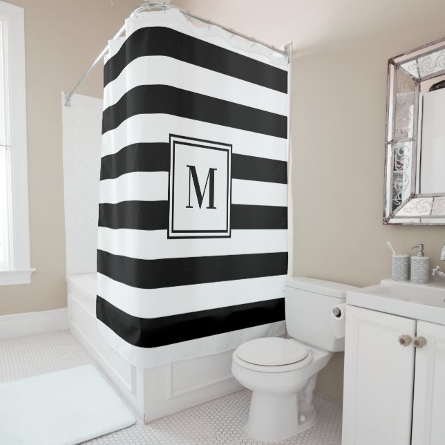 Black White Rugby Stripes Monogram Bathroom Shower Curtain (In Situ)