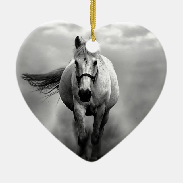 Black White Running Horse Freedom Ceramic Tree Decoration (Front)