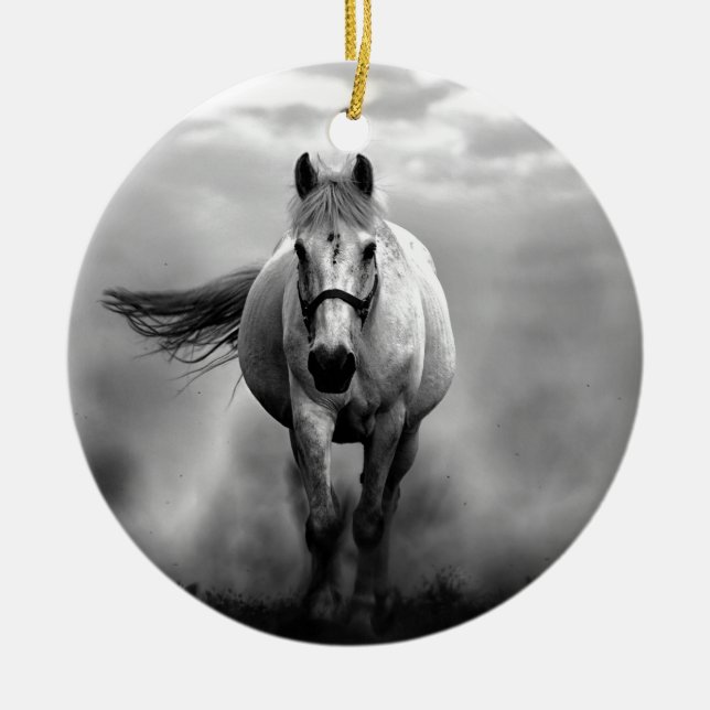 Black White Running Horse Freedom Ceramic Tree Decoration (Front)