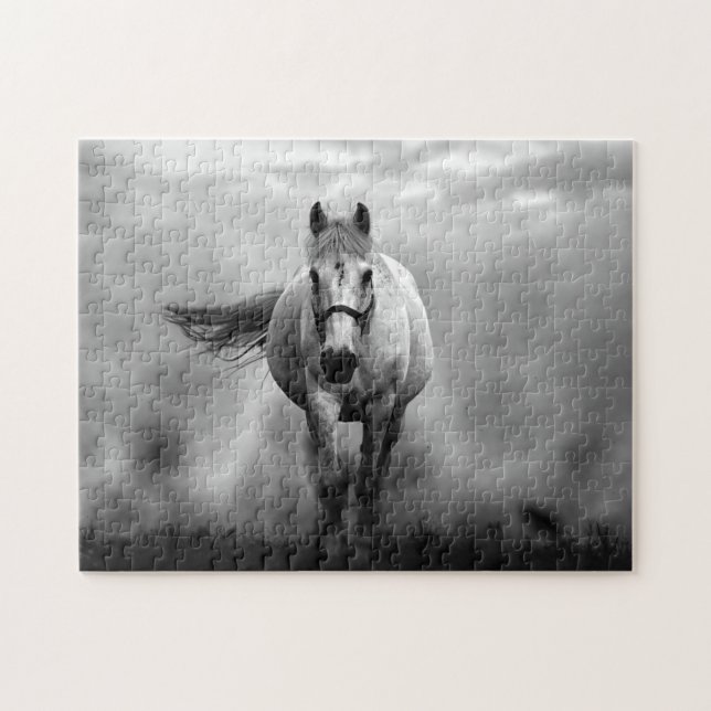 Black White Running Horse Freedom Jigsaw Puzzle (Horizontal)
