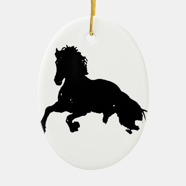 Black White Running Horse Silhouette Ceramic Tree Decoration (Front)