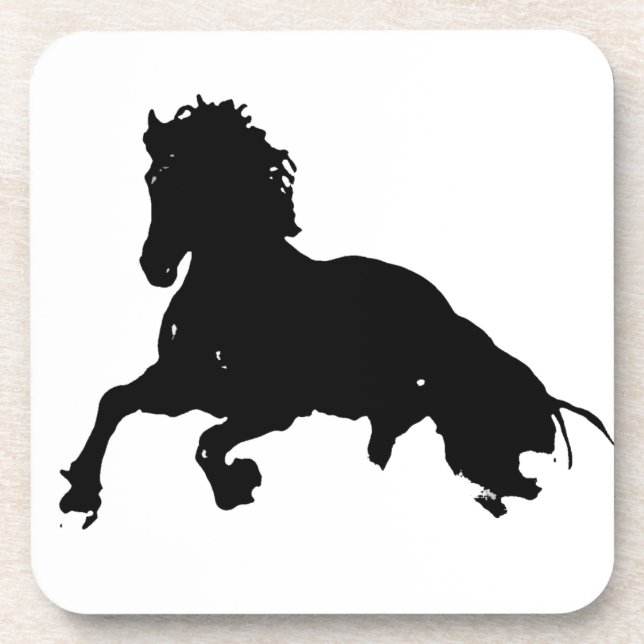Black White Running Horse Silhouette Coaster (Front)