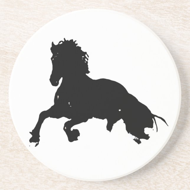 Black White Running Horse Silhouette Coaster (Front)