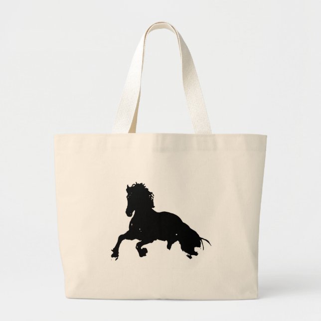 Black White Running Horse Silhouette Large Tote Bag (Front)