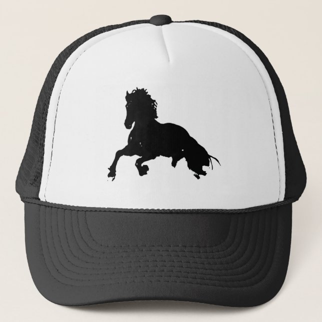 Black White Running Horse Silhouette Trucker Hat (Front)