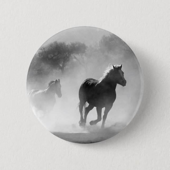 Black & White Running Horses Photo Artwork 6 Cm Round Badge (Front)