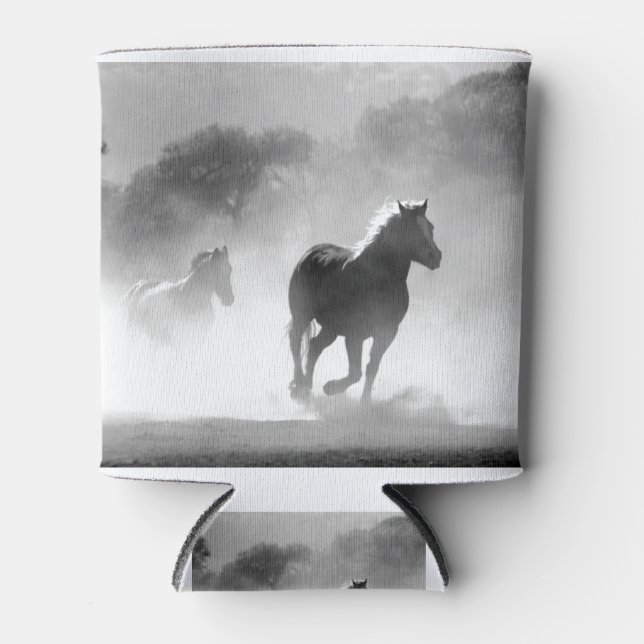 Black & White Running Horses Photo Artwork Can Cooler (Front)