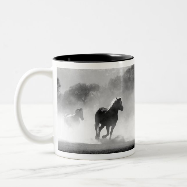 Black & White Running Horses Photo Artwork Two-Tone Coffee Mug (Left)
