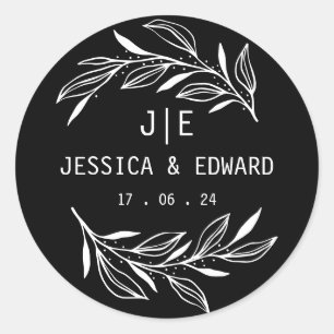 Black White Rustic Chic Couple Initials Botanical Classic Round Sticker