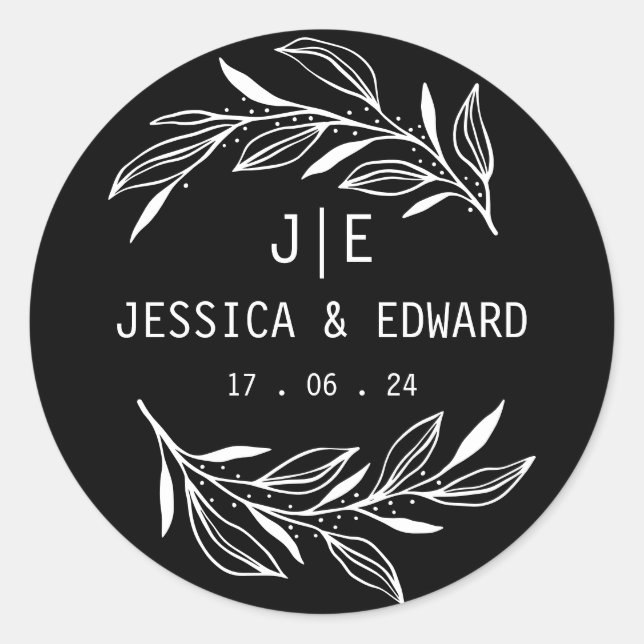 Black White Rustic Chic Couple Initials Botanical  Classic Round Sticker (Front)