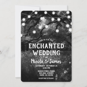 Black White Rustic Enchanted Forest Lights Wedding Invitation
