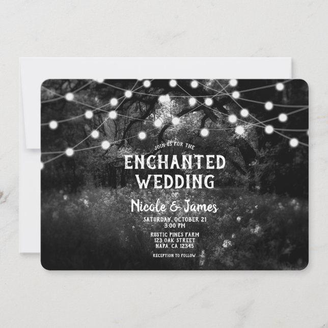 Black White Rustic Enchanted Forest Lights Wedding Invitation (Front)