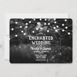 Black White Rustic Enchanted Forest Lights Wedding Invitation