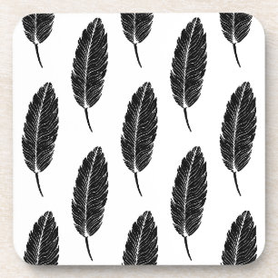 Black & White Rustic Feather Linocut Coaster