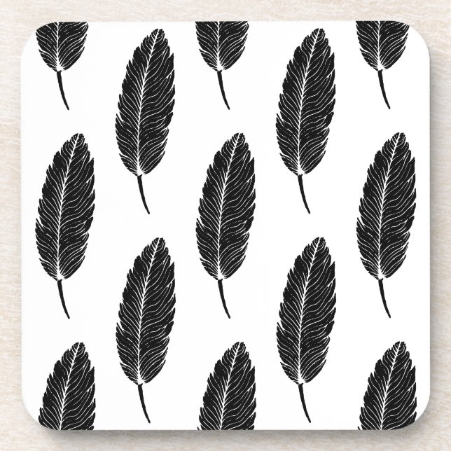 Black & White Rustic Feather Linocut Coaster (Front)