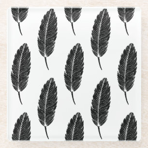 Black & White Rustic Feather Linocut Glass Coaster