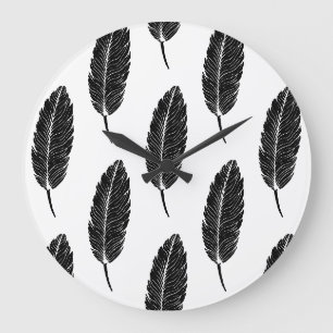 Black & White Rustic Feather Linocut Large Clock