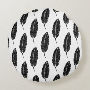 Black & White Rustic Feather Linocut Round Cushion
