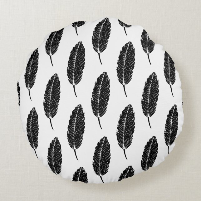 Black & White Rustic Feather Linocut Round Cushion (Back)
