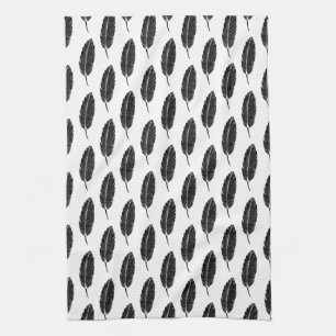 Black & White Rustic Feather Linocut Tea Towel